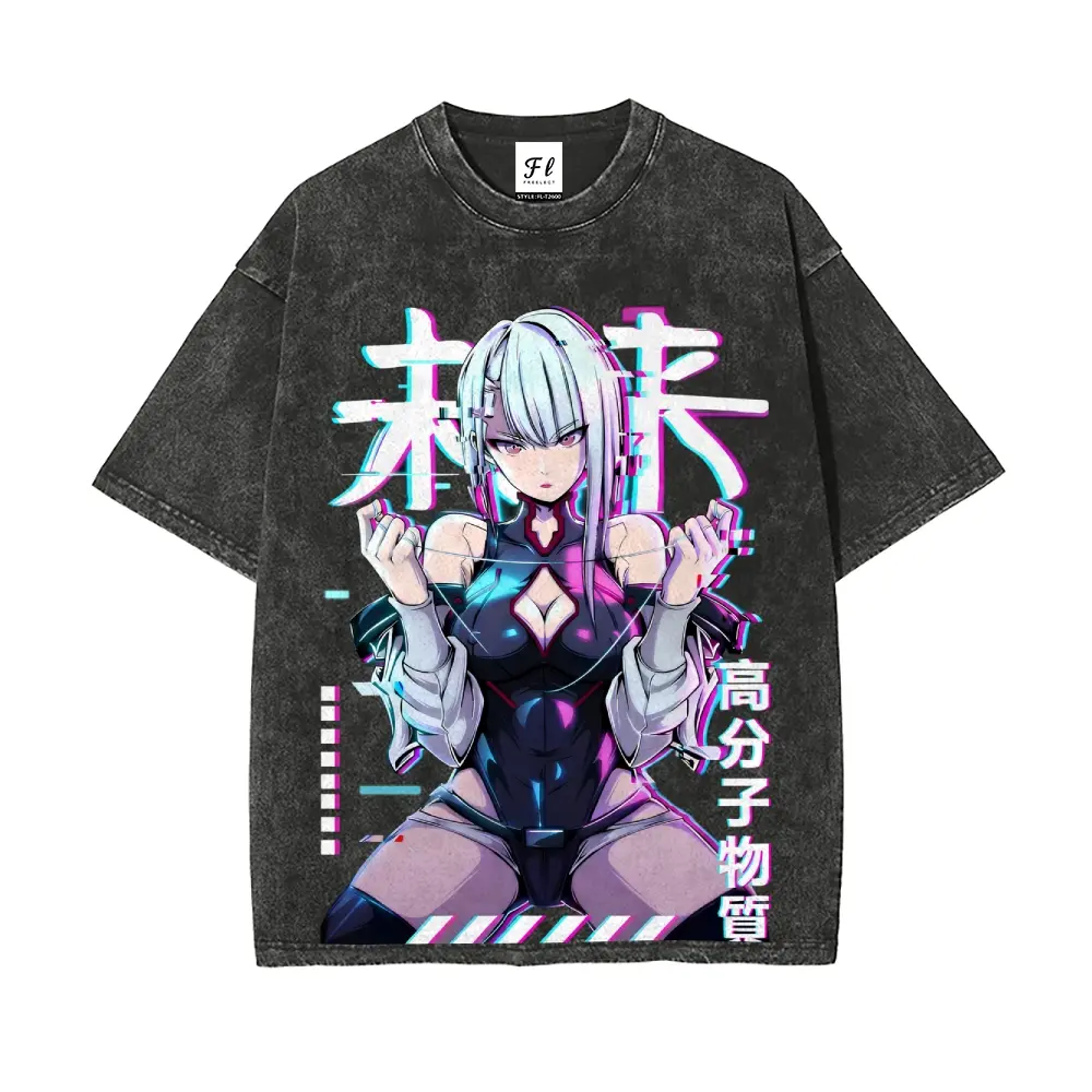 Lucy Cyberpunk Edgerunners Graphic Short-Sleeve Oversized Washed Batik Cotton T-Shirt, S-5XL Unisex Casual Soft Pre-Shrunk Fabric Menswear Streetwear Top, Shortsleeve, Retro