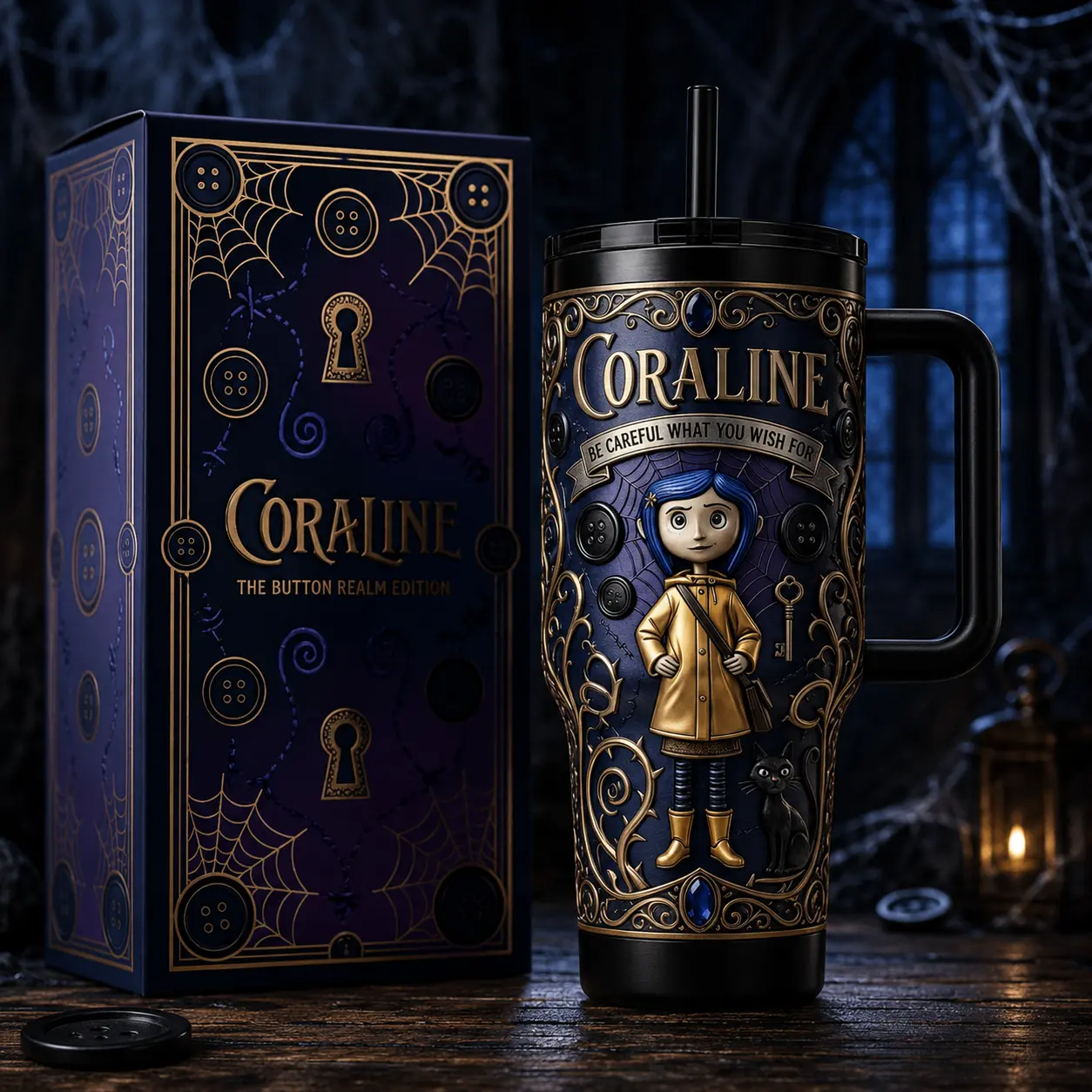 Coraline Dark Halloween Style 40oz Insulated Tumbler with Handle, Stainless Steel Travel Mug, Gothic Fantasy Collector Gift, Vacuum Coffee Cup