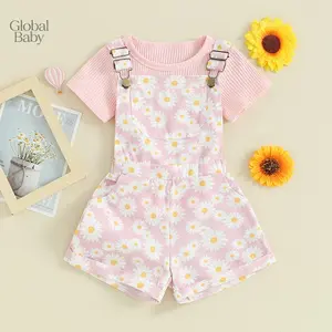Toddler Girl Shorts Outfit Solid Color Ribbed Short Sleeve T-Shirt with Daisy Print Overall Shorts 2 Pcs Summer Clothes clothing summer pit strip flying sleeve bag fart Romper