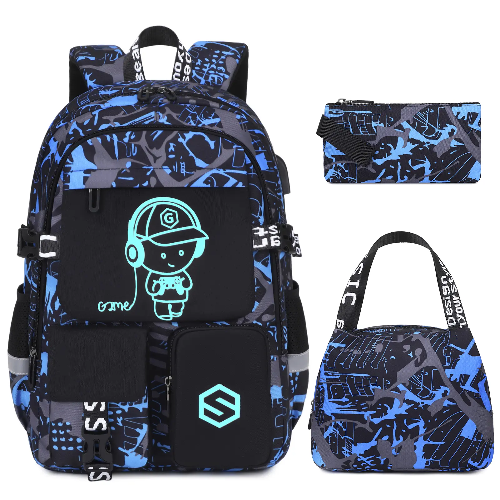 SIMILOVE Luminous Waterproof Backpack Set- Includes School Bag, Lunch Bag & Pencil Case, Lightweight, School Backpack Bag For Back- to -School Students