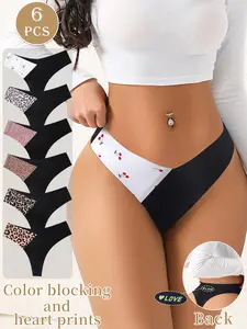Women's Seamless Thongs Leopard Print & Cherry Pattern Invisible Comfortable Breathable Underwear, Pack of 6, All Seasons Fitted Style
