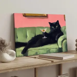 1 Count Solid Wood Frame canvas, lazy black cat drinking Martini fun Artistic decorative poster, interesting animal poster, stylish bedroom poster, modern home decoration, suitable for corridor wall decoration, fine gifts, waterproof, art
