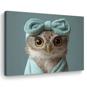 Room Decoration 1 Piece Fantasy Owl Canvas Wall Art, Wooden Frame Bathroom Theme Print, Unique Home and Office Decoration, Bachelorette Party Gift, Woven Fabric, 11.8x 15.7inch