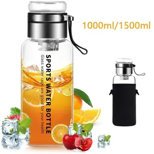 Glass Water Bottles - Large, Clear, Borosilicate Glass Water Bottle with Stainless Tea Infuser - Cup-Function Lid, Neoprene Sleeve, Strap - Wide Mouth, for Tea, Beverages, Juice