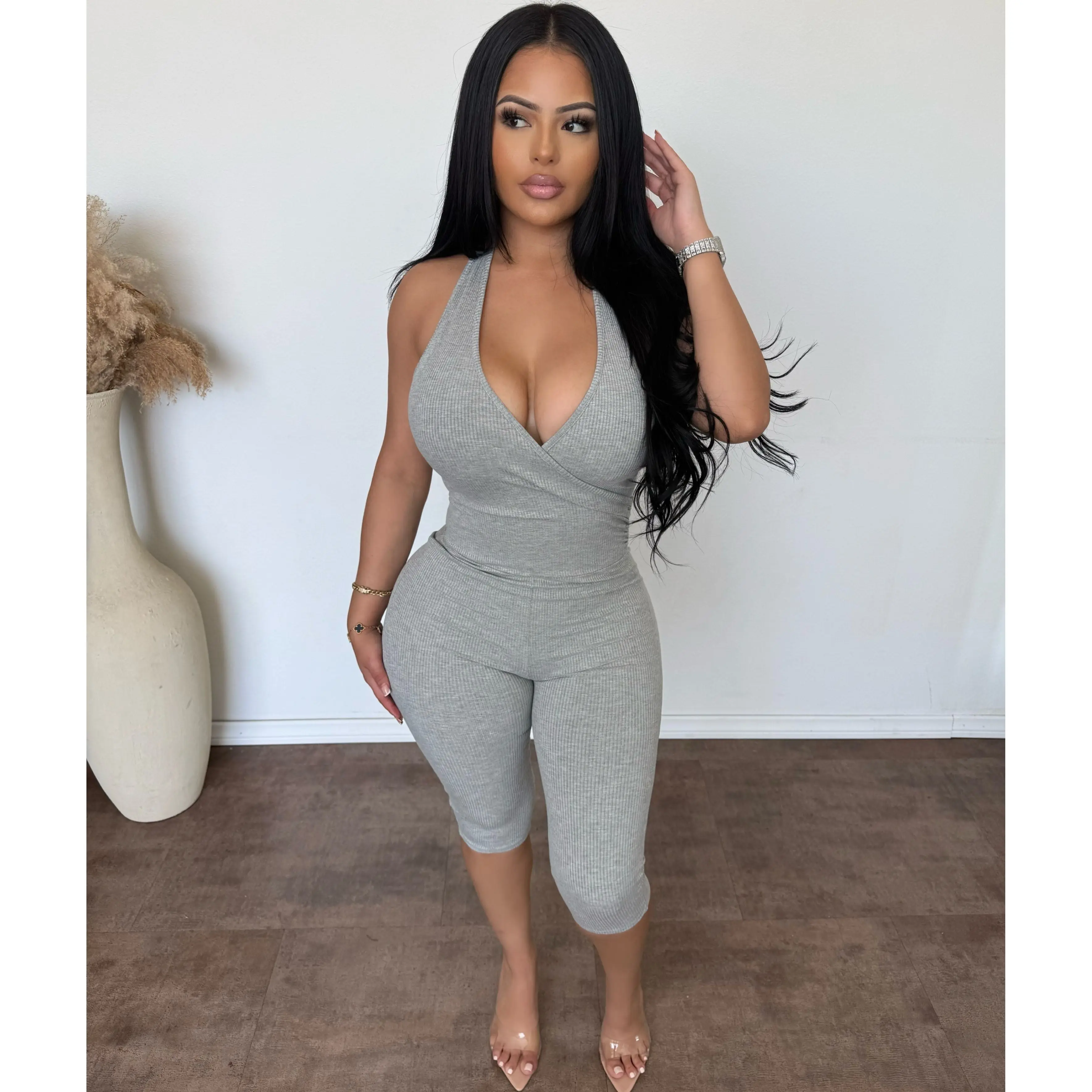 Serena Halter Neck Snatched Jumpsuit (H Grey)