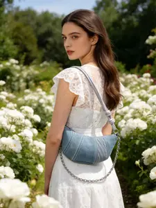 Denim Patchwork Crescent Bag, American Vintage Hot Girl Underarm Bag, Versatile Mini Moon Bag, Lightweight Denim Dumpling Bag