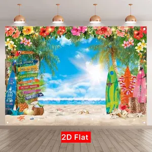 Hawaiian Beach Summer Photography Background, Tropical Floral Palm Leaf Surfboard Banner, Luau Aloha Party Decoration, No Power Needed