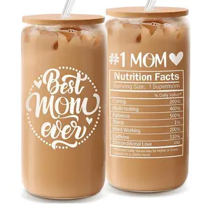 16oz Glass Cup, 1 Count Letter Pattern Reusable Summer Glass Cup with Straw & Cleaning Brush, Kitchen Gadgets, Gift Ideas for Mom, Birthday Gift for Mom, Party Supplies, Drinkware