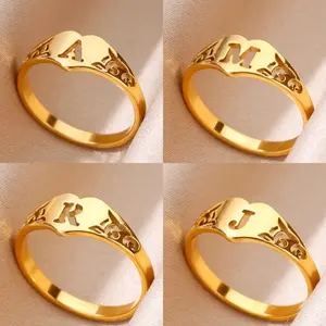 Fashion Hollow Initial Letter Heart Rings For Women Gold Color Stainless SteelLetter Ring Aesthetic Wedding Jewelry Gift