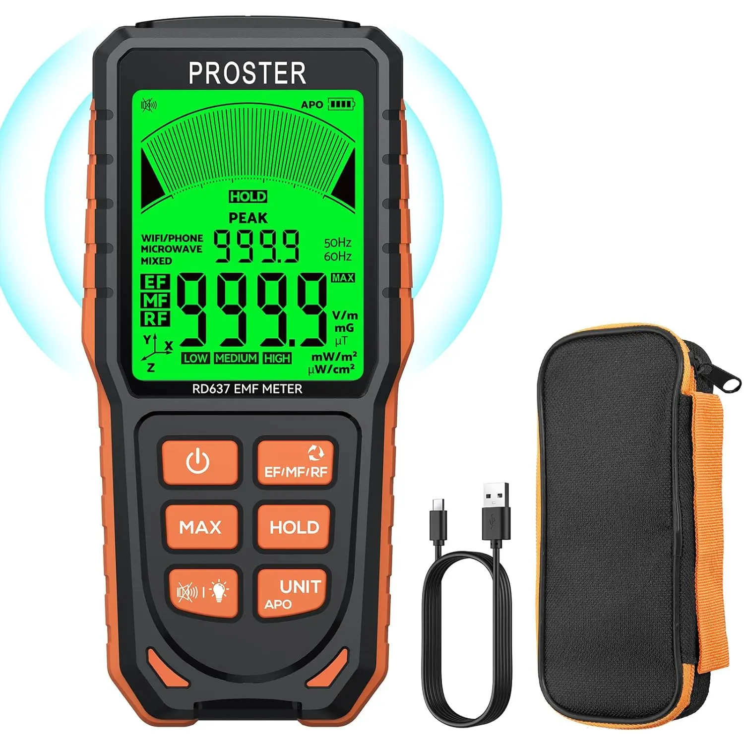 Proster Rechargeable EMF Meter - 3 in 1 Electromagnetic Field Detector for EF RF MF X/Y/Z -Axial Magnetic Field Radiation EMF Detector with 3-Colour Display Screen & Sound Alarm System