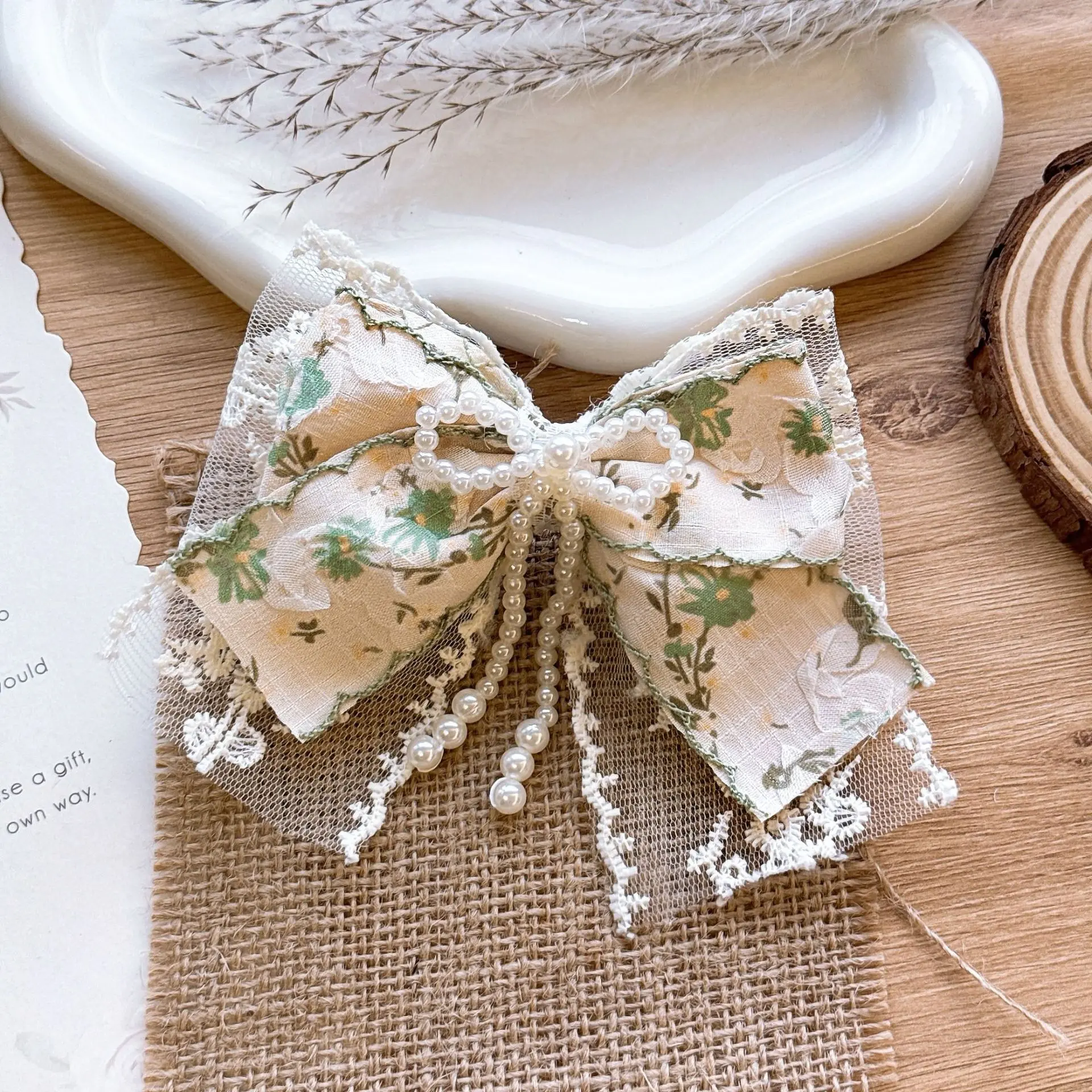 Embroidered Floral Bow Hair Claw with Soft Mesh Finish
