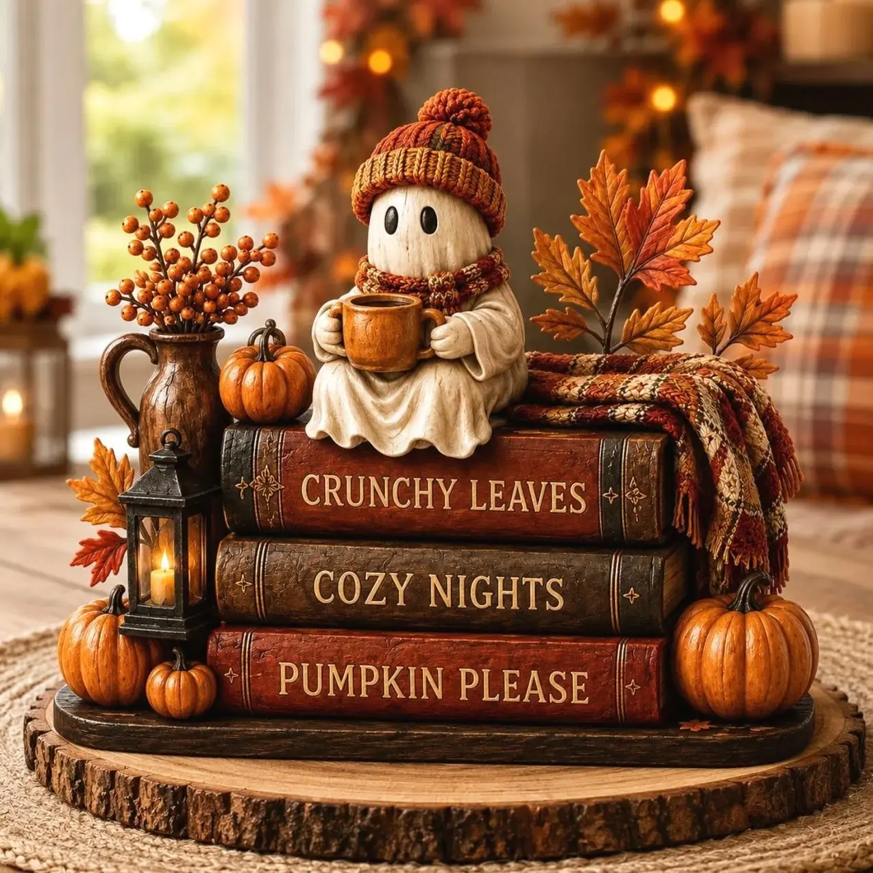 Ghost Coffee Fall Wooden block, Book Stack, Halloween BookShelf Decor
