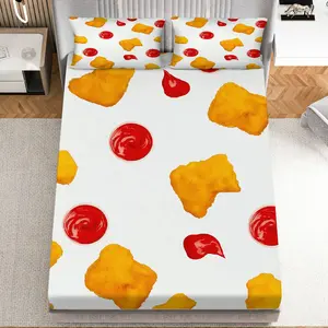 3Pcs Chicken Nuggets Ketchup Fun Fitted Sheet Three Piece Set (1*Fitted Sheet+2*Pillowcases, Coreless), Everyday theme, Food Decor Bedding Set, Mattress Protector Soft, Breathable
