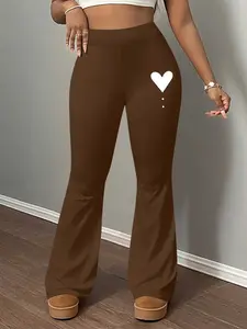 Pattern Print Women's Fashion Casual Basic Slim Fit Flare Leg Pants, Long Regular Length, Elastic Waist, Plain Pattern, Spring Autumn Winter Home Wear