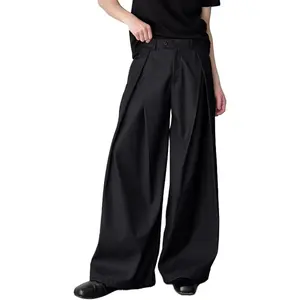 THWEI Men's Baggy Wide Leg Pants Zipper Fly Pleated Trousers Casual Dress Pants with Pocket