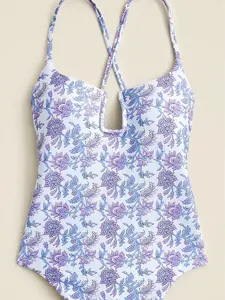 J.CREW Mira one-piece swimsuit in Classic Sculp. SIZE: 4. COLOR: blue multi floral. ITEM # cj788. Medium bust support. Low-rise back. Low-cut leg. BRAND NEW WITH TAG. WAS PURCHASED DIRECTLY