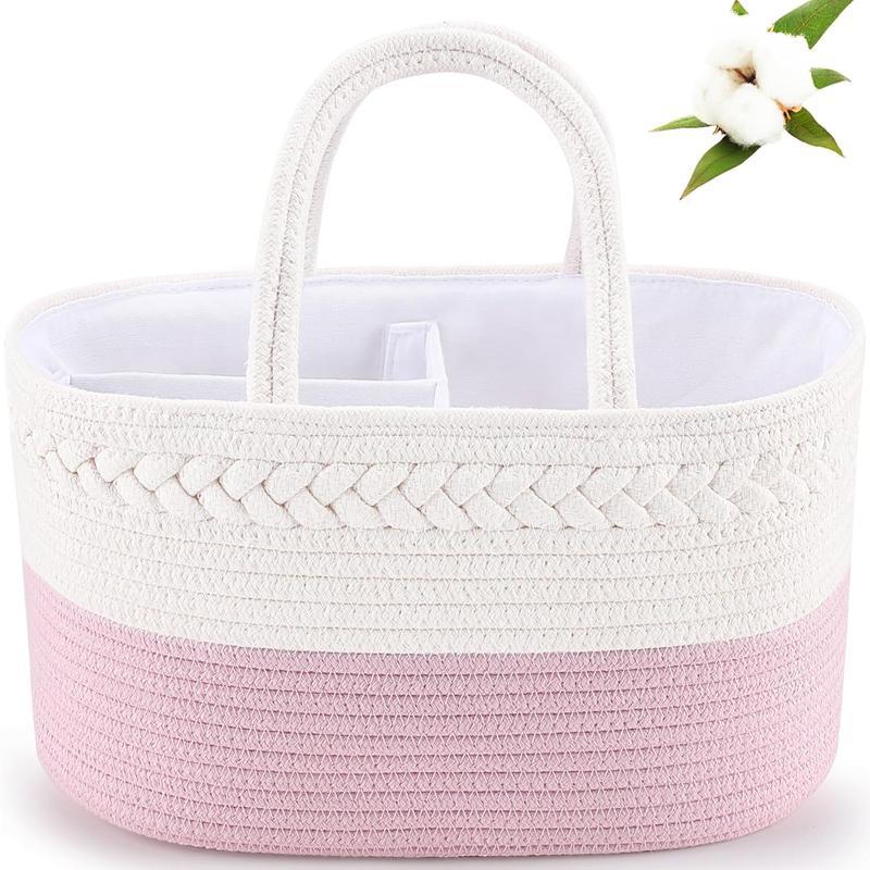 Diaper Caddy, Nursery Storage Bin and Car Organizer for Diapers and Wipes, Cotton Rope Basket Changing Table Caddy, Portable Baby Diaper Tote for Home Travel