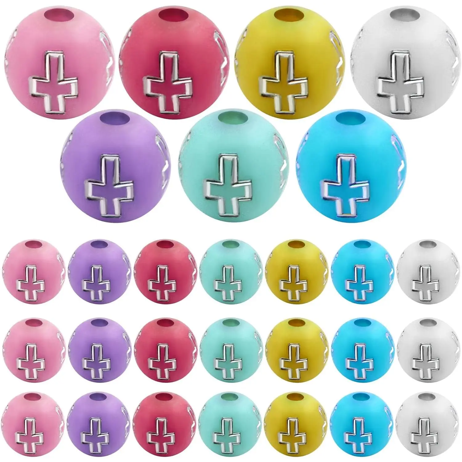 300pcs Round Cross Spacer Beads Acrylic Crucifix Ball Beads Colorful and Silver Cross Crucifix Craft Beads for DIY Rosary Necklace Bracelet Jewelry Making Décor