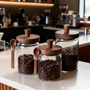 3 Piece Glass Jars With Wooden Lids For Kitchen Storage, Versatile Glass Storage Jar With Spoon, Kitchen Storage Containers For Dry Food, Coffee, Rice, Cereal