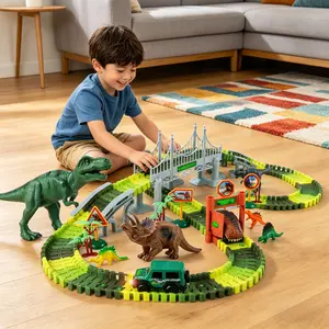 Dinosaur Race Track Toy for Kids – 215PCS Glow in The Dark Train Set, Flexible Track, STEM Learning Toy, Interactive Building Playset Gift for Boys & Girls