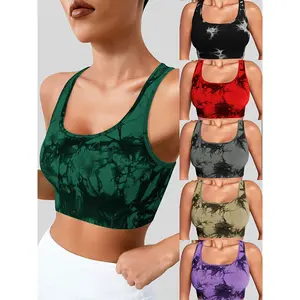 Women's Tie-Dye Cropped Yoga Bra & Fitness Tank Top - Long-Sleeve Double-strap Sports Bra with Built-in Padding, Non-Detachable Suitable for Gym, Pilates, Running, Workout Shirt for Training and Casual Wear