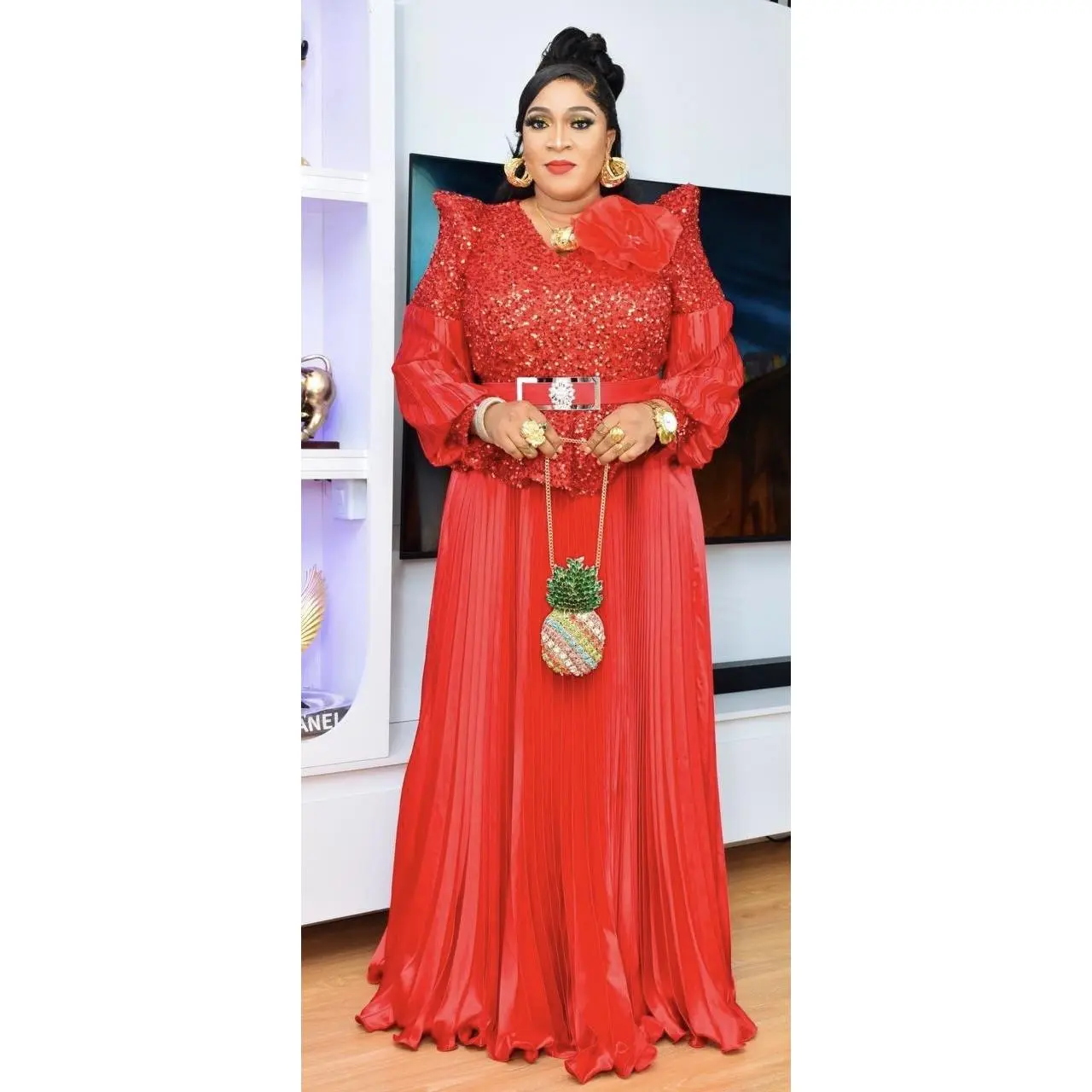 Classy Red Sequin Peplum Pleated Maxi Dress - Mother of The Bride A-Line Gown Wedding Guest Attire Gala Anniversary Birthday Party Photoshoot Cocktail Dinner Formal Evening Wear Plus Size 14-20