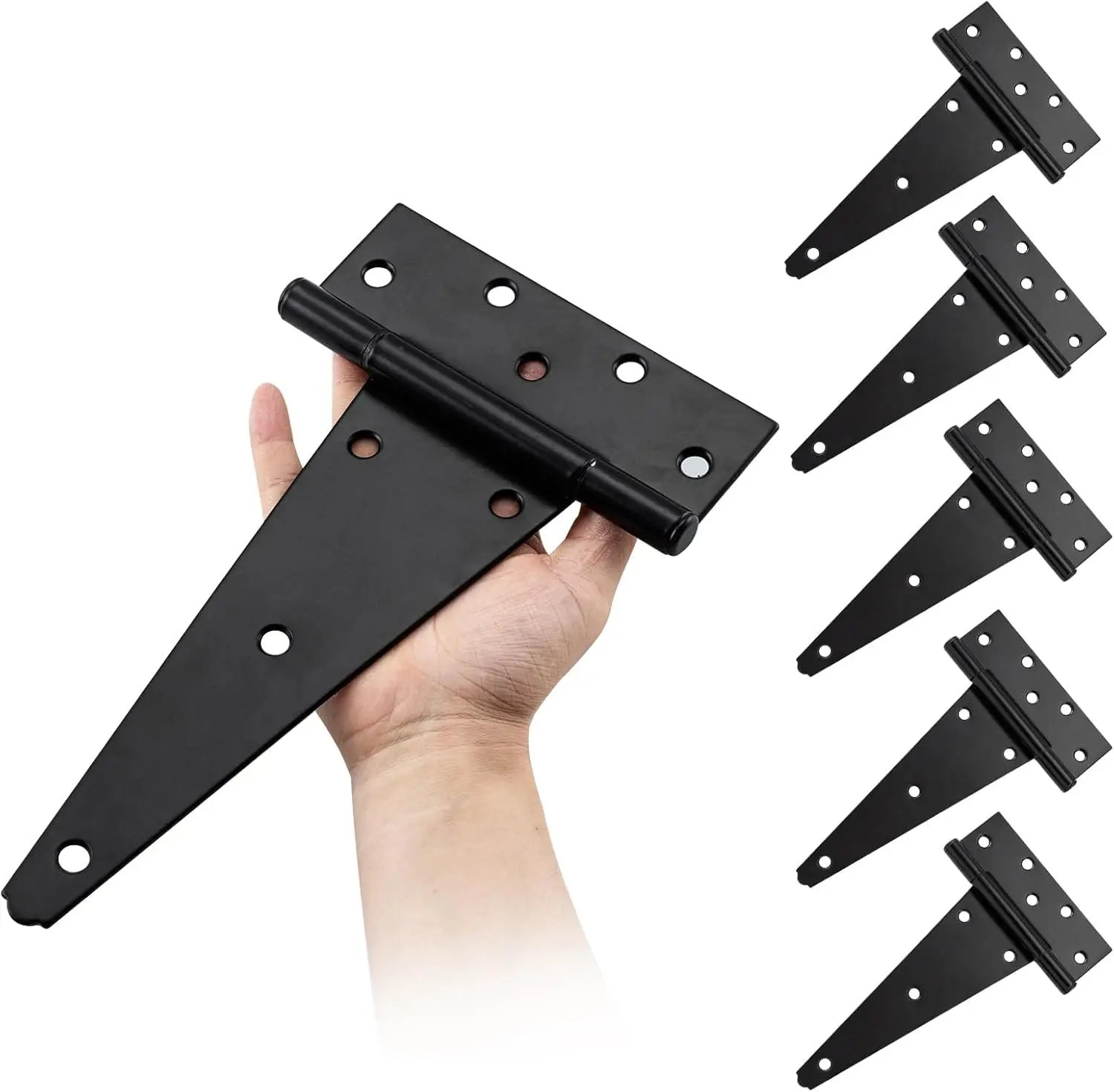 10 Inch T-Strap Heavy Duty Shed Door Hinges - Black, For Outdoor Barns and Wooden Fences, 6 Pack with Screws