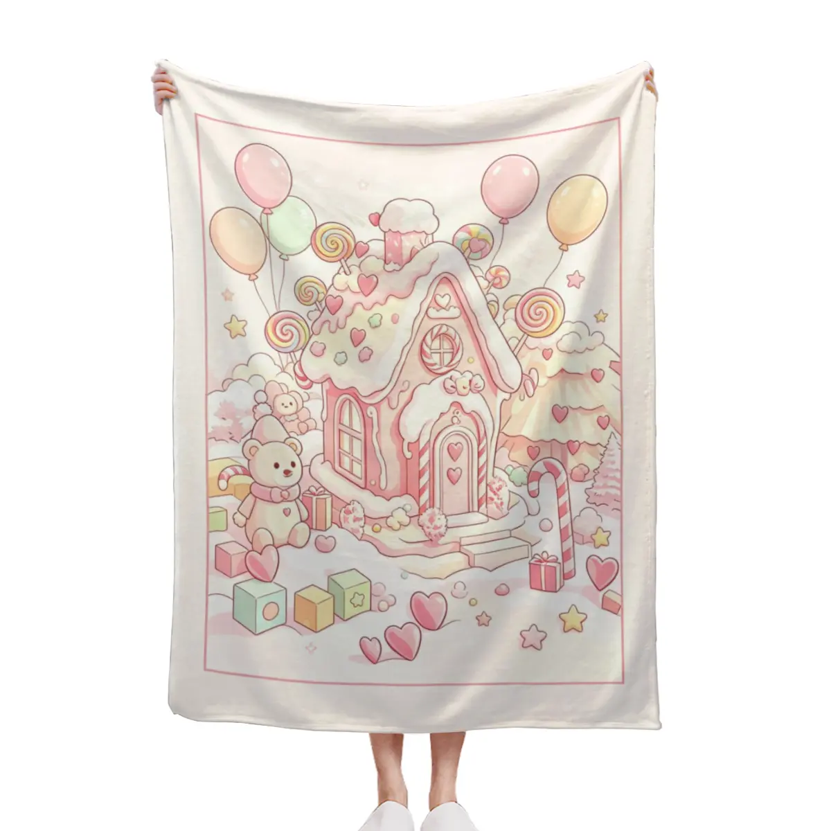 Candy Castle Balloon Pink Pastel Throw Blanket, Sweet Fairy Tale Princess Girls Room Blanket
