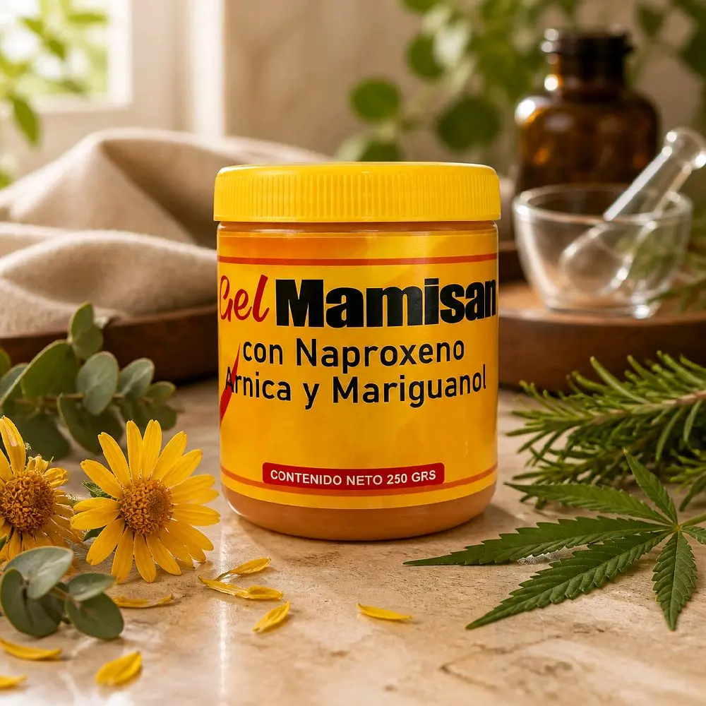 Gel Mamisan Con Naproxeno, Arnica Y Mariguanol 250GRS  Gel Para Ayuar A Desinflamar.