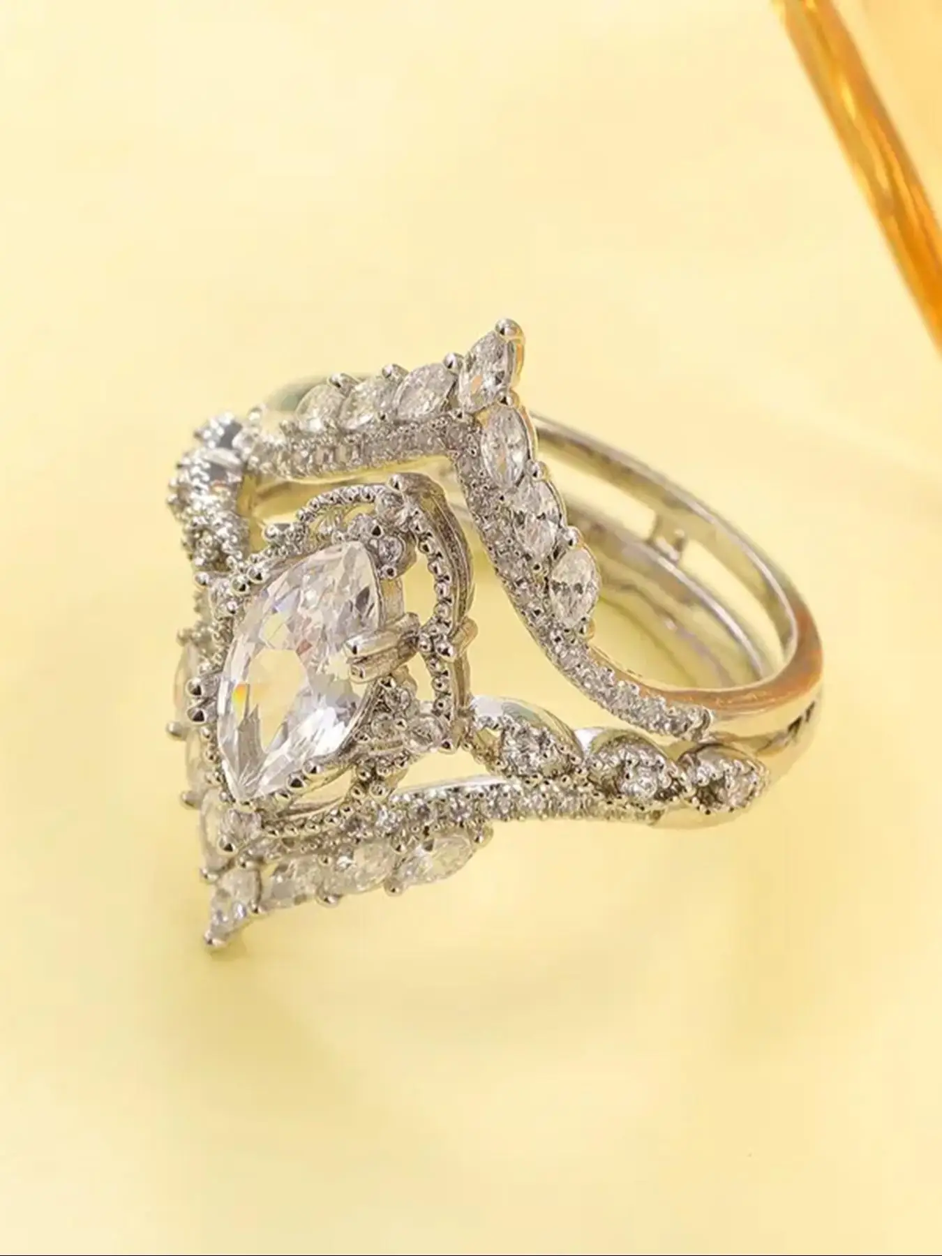 Luxury Marquise Synthetic Zirconia Court Pattern Engagement Ring Set, Fashion Marquise Cut Ring for Party, Daily Clothing Decor, Trendy All-match & Ex