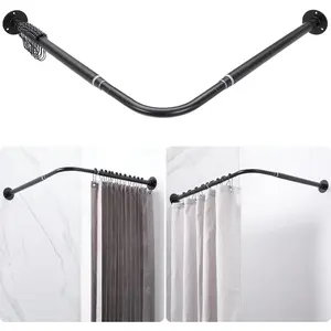 L Shaped Corner Shower Curtain Rod, Adjustable [24.3" - 47.6"] x [24.3" - 47.6"] 90 Degree Square Shower Curtain Rod with 12 Hooks & Ceiling Support for Bathroom Bathtub - Black