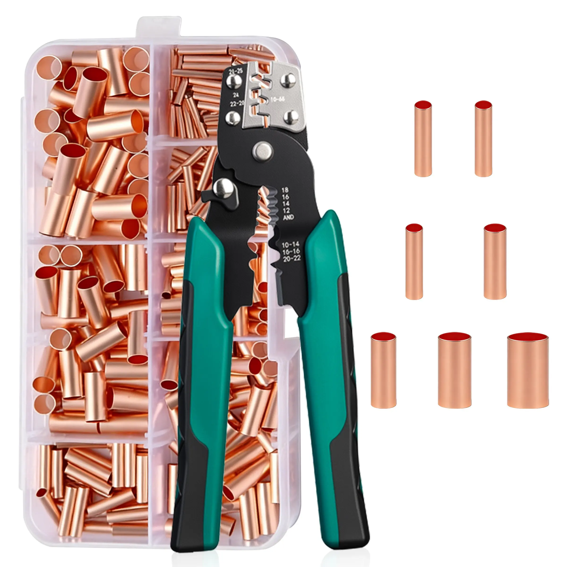 250 Copper Sleeves and Crimping Tool Set for Wire Connections, 7 Sizes for Versatile Electrical Use, Essential DIY Tool Kit