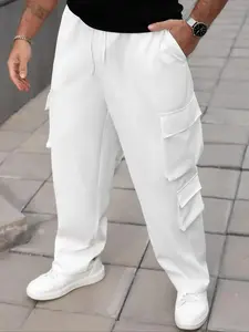 Plus Size Men Solid Pocket Drawstring Waist Cargo Pants Basic Casual Fashion Trousers Daily Bottoms All Seasons Streetwear Comfy 2026