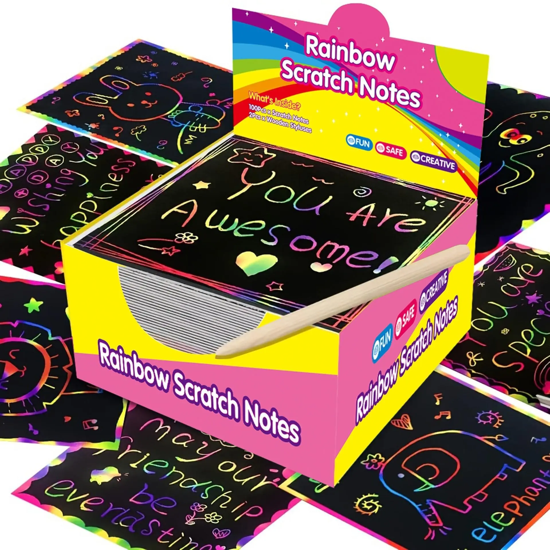 100 Rainbow Scratch Art Paper Cards, Diy Card Set for Kids DIY Crafts Projects, Unique Scratch Art Design, Perfect for Parties, Party Favors, Birthdays Mother's Day Father's Day Thanksgiving Halloween Christmas Gifts, Gift Idea