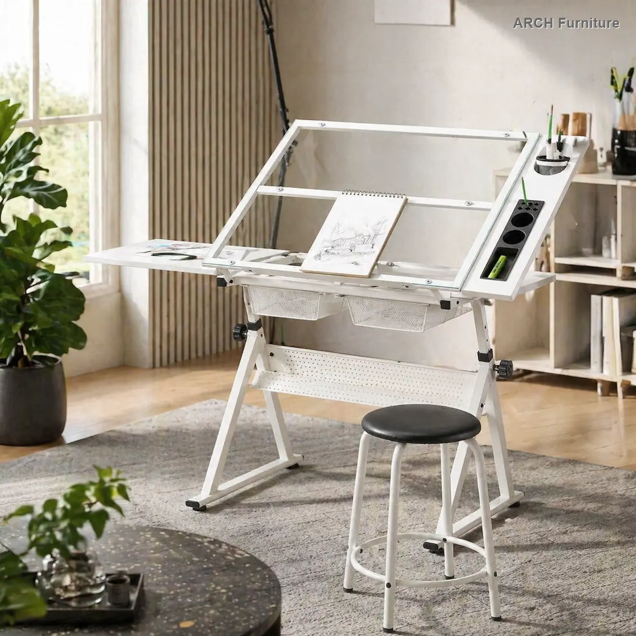 ARCH WHITE Height Adjustable Tempered Glass Drafting Table with Rectangular Top - Anti-Shaking, Auto-Adjust, Drawers, Ergonomic, Flat-Back, Includes Office Chair for Commercial & Home Office Use, Anti-Shaking Drafting Tables, Auto-Adjust Drafting Tables