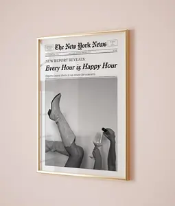 Trendy Newspaper Print, Every Hour is Happy Hour, New York Wall Art, Magazine Headline, Retro Bar Cart, Alcohol Poster, Girl Dorm Room Decor