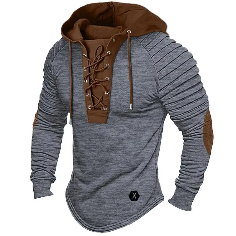 Solid Color Hoodie Men's T-Shirt Top Pleated Hooded Long Sleeve Tie Patch Casual Black Fashion Menswear Sweater Fitted Khaki Matching Polyester Sweatshirts Wetsuit mint essentials streetwear shop for deals
