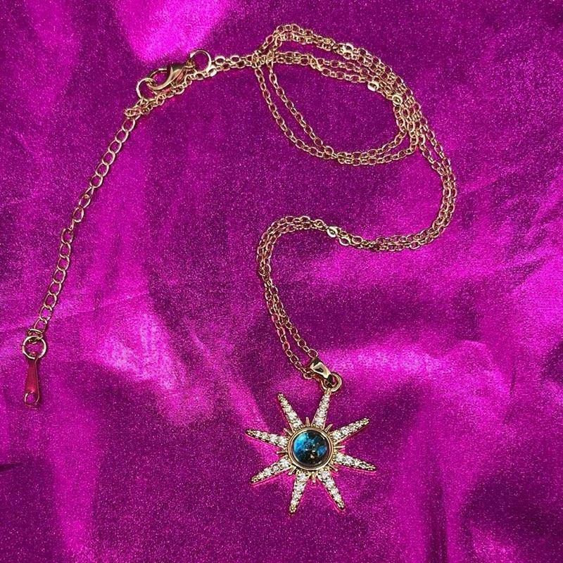 Celestial Earth Moon Stars Pendant, Opalite Jewelry, Gold Chain Necklace Pointy Sun Blue World Orbital Necklace