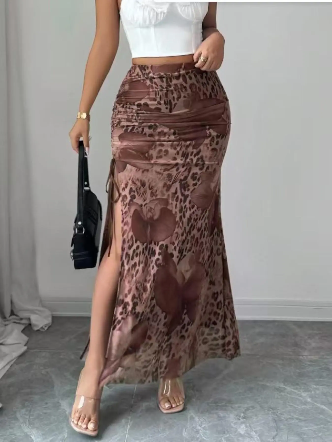 Women's Elegant Leopard Print Mesh High Waist A-Line Skirt, Fall Aesthetic Skirt, Bottoms, Elasticity Slit Hem Skirt, Fall Fashion Women's Clothing, Womenswear