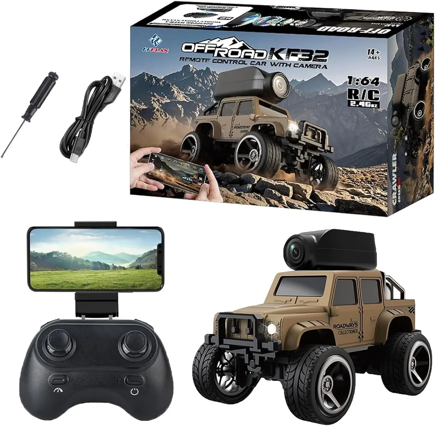 WOOWKOKO 1:64 Mini FPV RC Car with HD Camera — Alloy Remote Control Truck with Real-Time Video Transmission, WiFi App Control, LED Lights, Dual Mode (APP + Remote), Gift for Adults Kids
