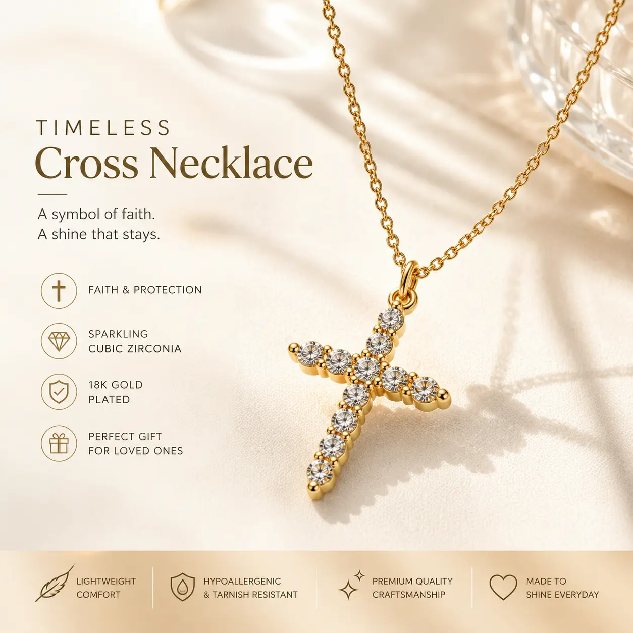 18K Gold Plated Cross Necklace for Women | Cubic Zirconia Faith Pendant | Everyday Jewelry Gift