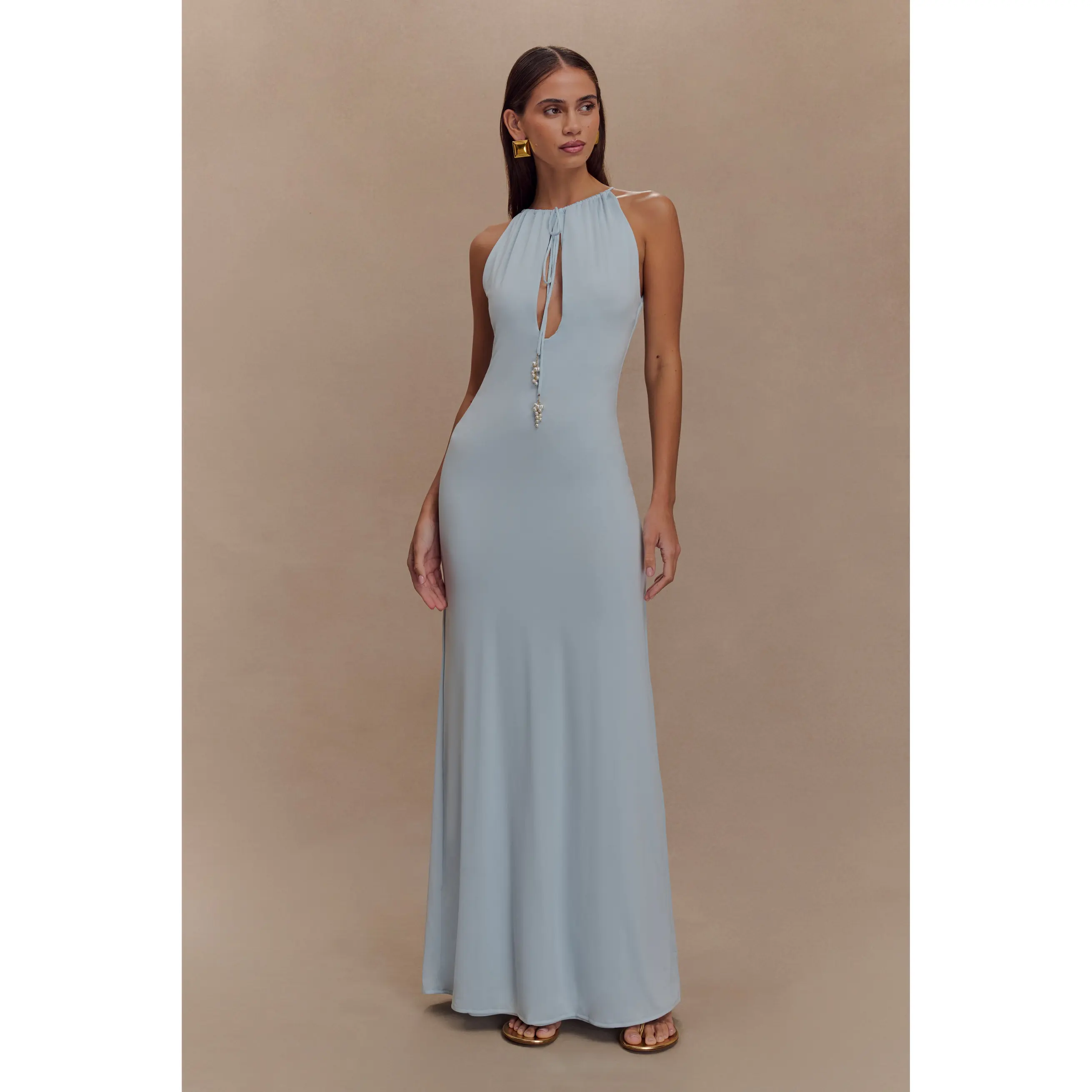 Beryl Slinky Maxi Dress With Pearls - Pale Blue