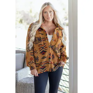 Khaki Western Aztec Pattern Fleece Shacket