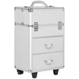 Large Storage Rolling Makeup Train Case Lockable Silver Swivel Wheels Cosmetic Trolley Folding Trays Train Case Organizer for