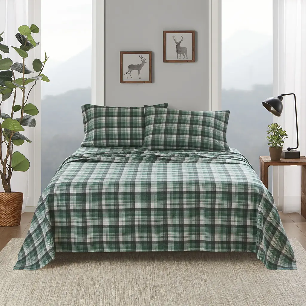 Full Size 360-Stand 100% Cotton Flannel Weave Bedsheet Set Pack (WR20-4004) - 108x102x0.13in Rustic Green Classic Check Pattern, OEKO-TEX Safe, Machine Washable, Decorative Comfy Soft & Cozy Bedding Sets Collections for Full Beds & Mattresses
