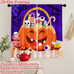 Halloween Kitchen Curtains Pack of 2, Candy Skull Spider Web Bat Ghost Prints, Washable Decorative Drapes for Home Party Decoration