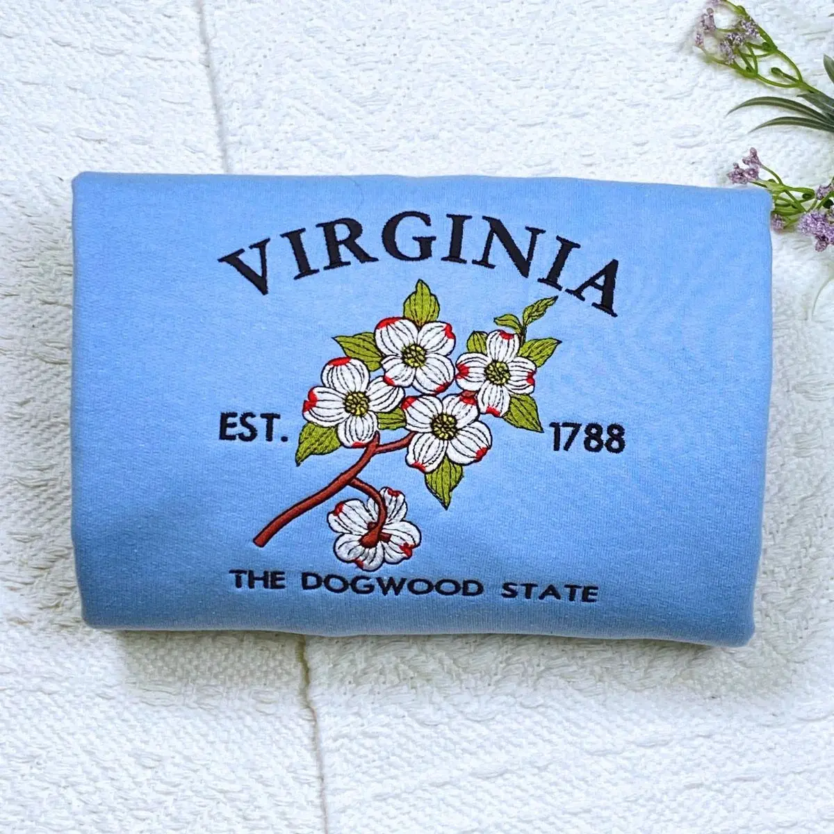 Embroidered Virginia Dogwood Sweatshirt, US State Flowers Embroidery Crewneck, Virginia 1788 Sweatshirt, Virginia Gift Sweatshirt