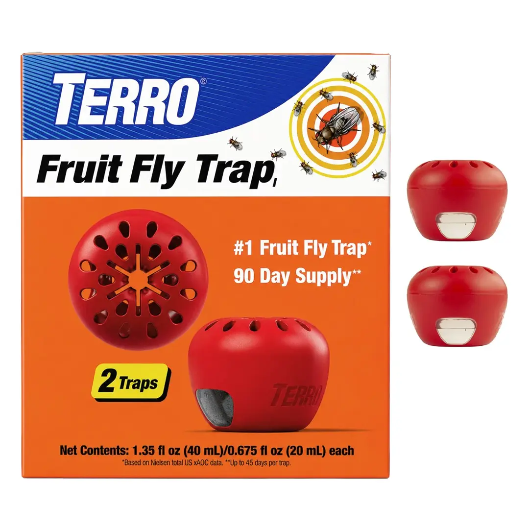 TERRO Fruit Fly Traps for Indoors (2 Pack) + 90 Days of Lure Supply - T2503B - Lure and Kill Indoor Fruit Flies Near Fruit, Trash Cans, Countertops - Ready to Use Trap - 90 Day Supply