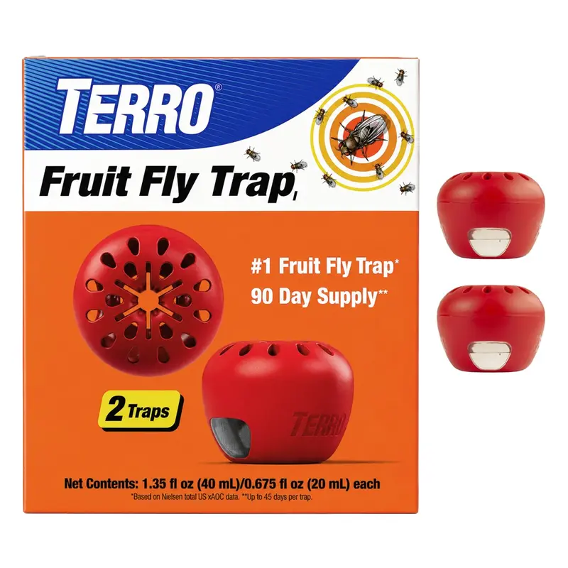 TERRO Fruit Fly Traps for Indoors (2 Pack) + 90 Days of Lure Supply - T2503B - Lure and Kill Indoor Fruit Flies Near Fruit, Trash Cans, Countertops - Ready to Use Trap - 90 Day Supply