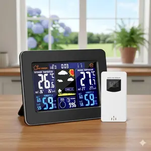 Digital Color Weather Station Clock with Outdoor Sensor - Indoor/Outdoor Thermometer Hygrometer, Alarm, Date, Barometer, Moon Phase Display, Temperature Humidity Monitor for Home Office